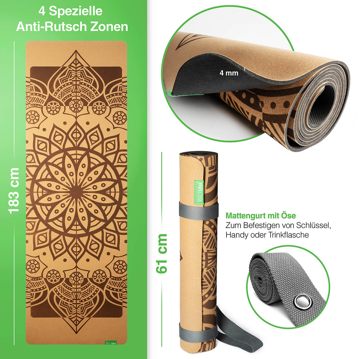 BACKLAXX Yogamatte 183x61cm mit 4mm Dicke und vier Anti-Rutsch-Zonen - Mandala-Design mit praktischem Tragegurt und Befestigungsöse für Schlüssel oder Handy
