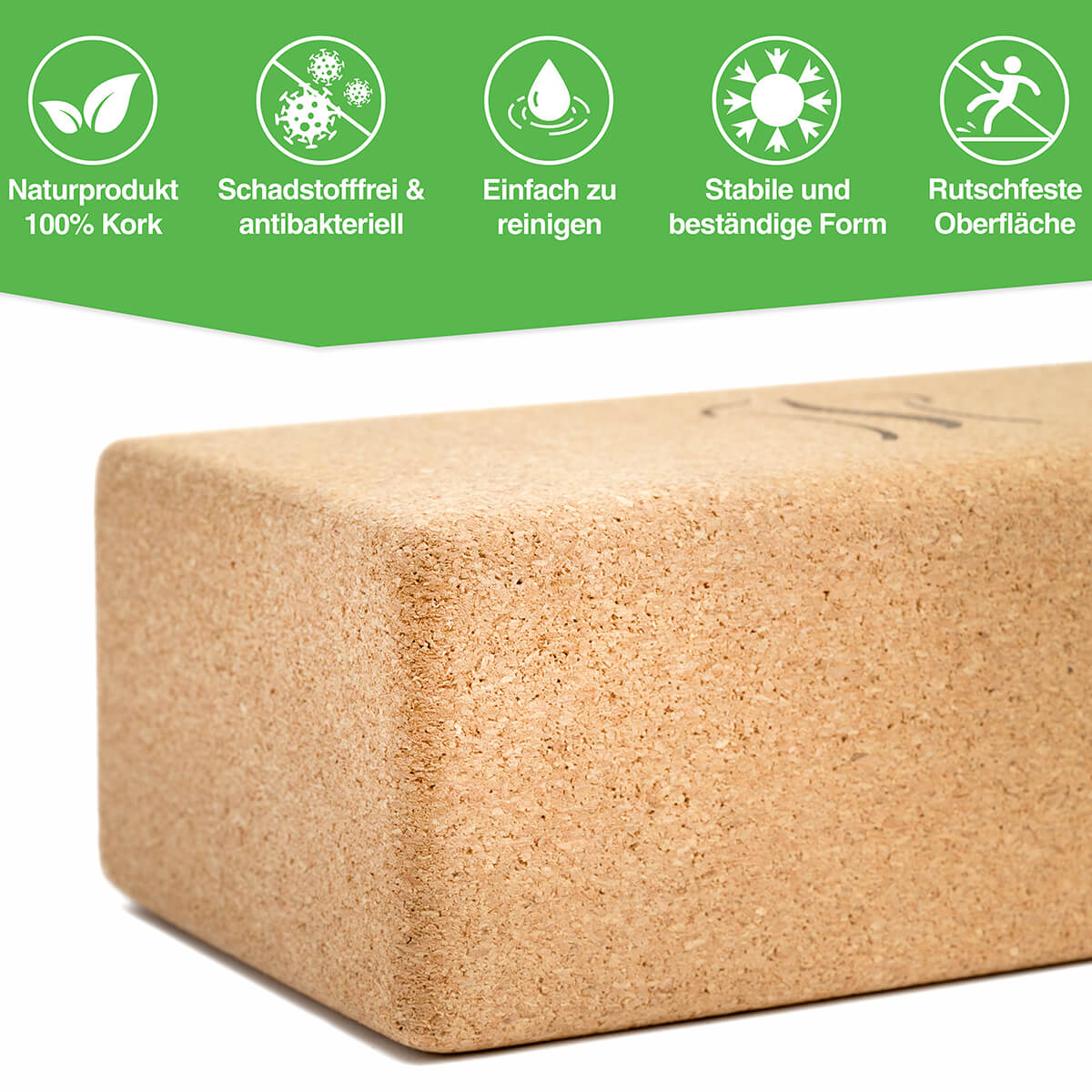 Kork-Yogablock mit 100% Naturprodukt-Eigenschaften - Schadstofffrei, antibakteriell, leicht zu reinigen, formstabil und mit rutschfester Oberfläche
