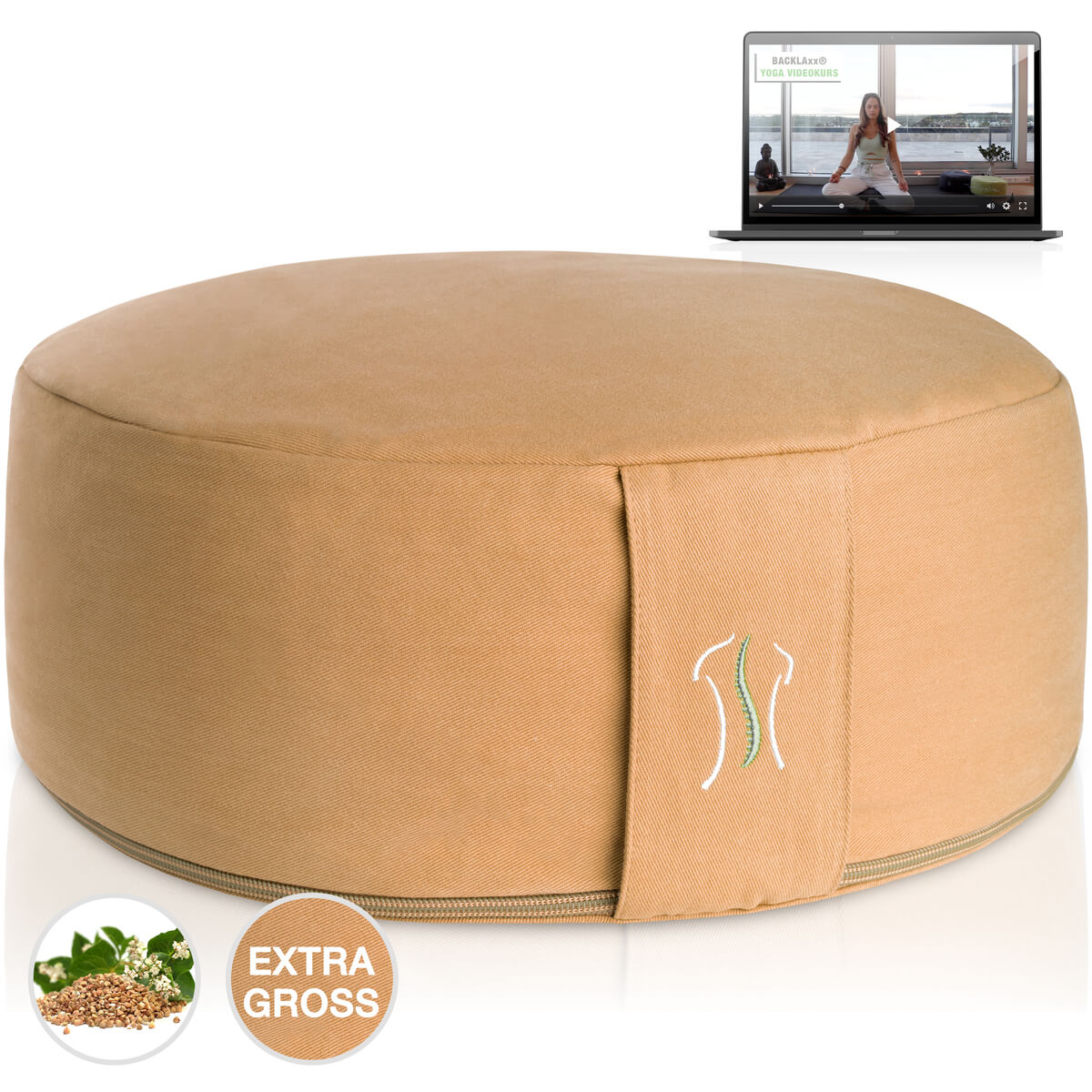 Rundes Kissen apricotgelb mit Naht, neben einem Laptop mit Yoga-Video
