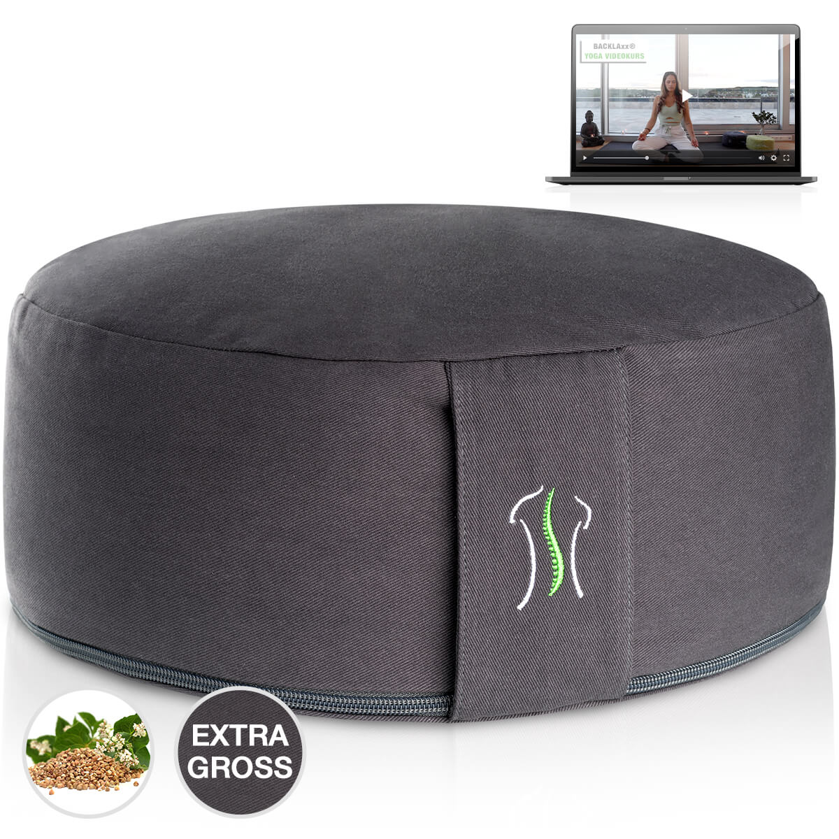 Rundes Kissen grau mit Naht, neben einem Laptop mit Yoga-Video
